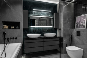 Podwójna czarna szafka umywalkowa wykonana na wymiar.